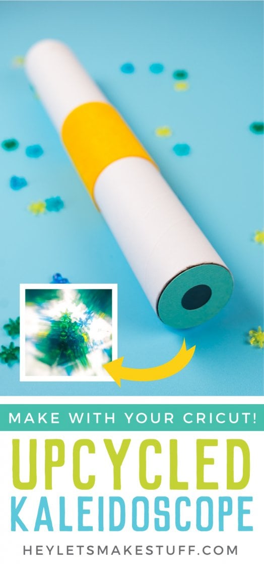 Translucent beads surrounding a round cylinder shaped tube that resembles a kaleidoscope and an image of the inside of a kaleidoscope with advertising from HEYLETSMAKESTUFF.COM for a upcycled kaleidoscope to make with your Cricut