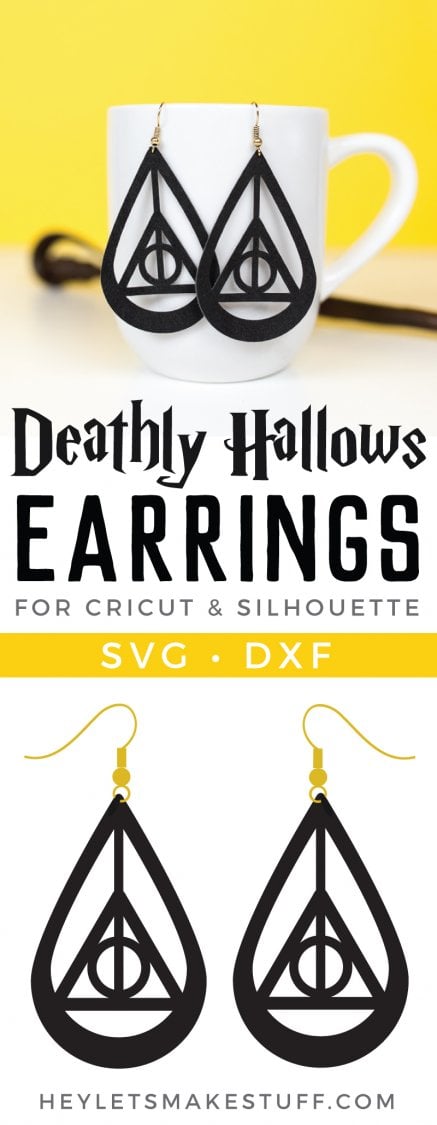 A pair of earrings hanging from a coffee mug with advertising of Deathly Hallows Earrings for Cricut and Silhouette by HEYLETSMAKESTUFF.COM