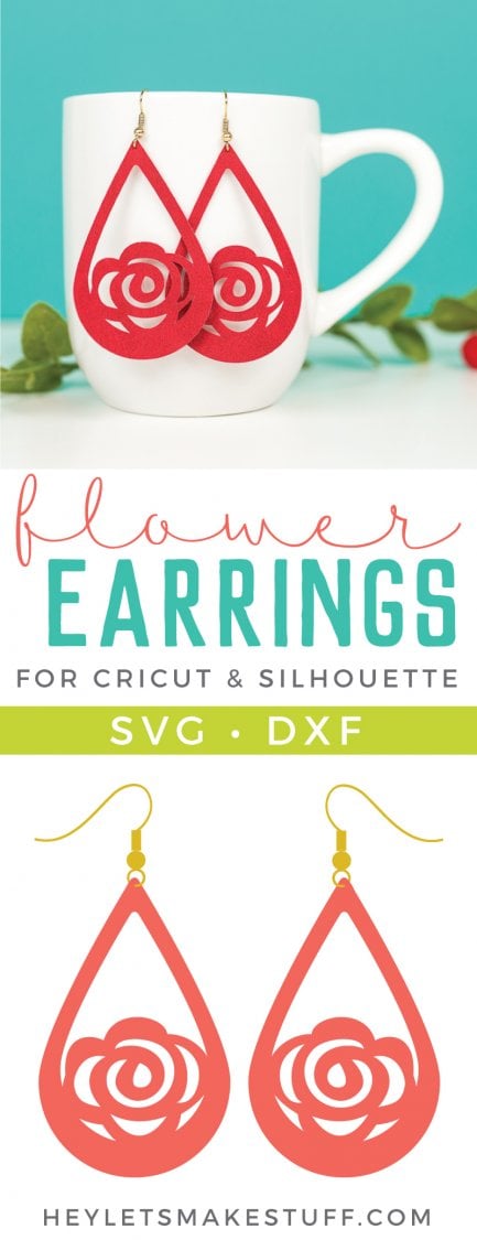 Some greenery next to a coffee cup that has two suede flower earrings hanging from it with advertising for flower earrings for Cricut and Silhouette from HEYLETSMAKESTUFF.COM