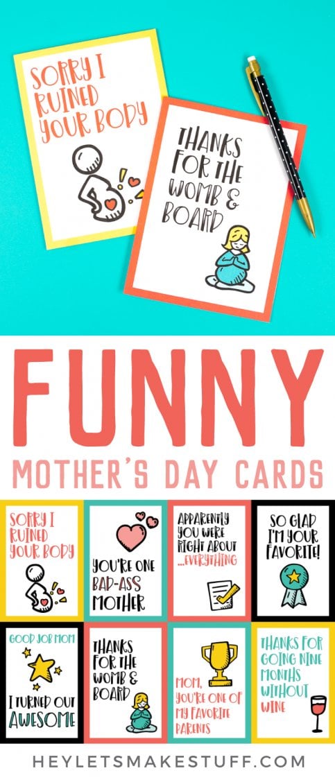 A pen and two Mother\'s Day cards that say, \"Sorry I Ruined Your Body\" and \"Thanks for the Womb & Board\" and six other Mother\'s Days cards from HEYLETSMAKESTUFF.COM