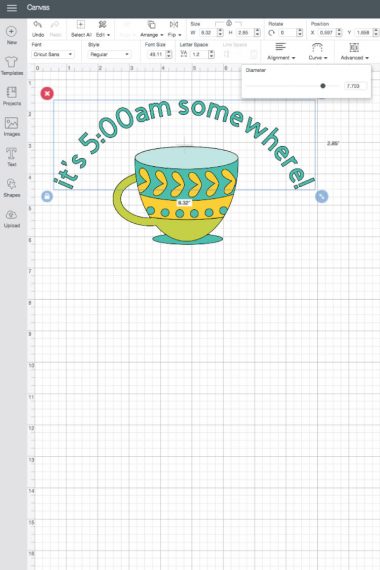 An image of a design in Cricut Design space of a coffee cup and the text, "It's 5:00 am somewhere!"