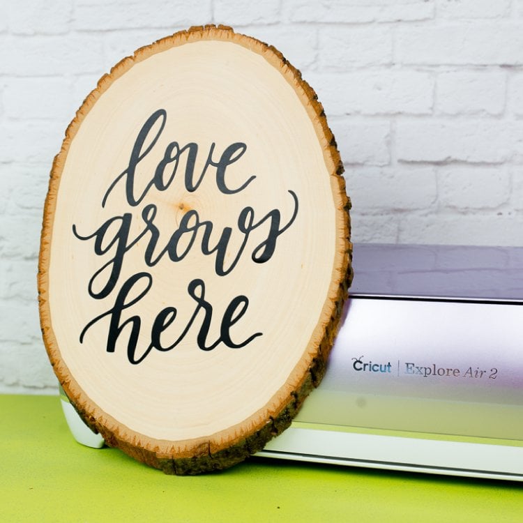 An oval piece of wood with the saying, \"Love Grows Here\" on it leaning up against a Cricut Explore Air 2 machine
