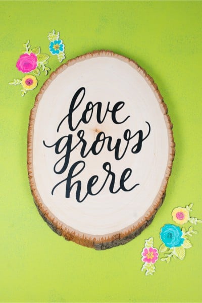 Paper flowers around an oval piece wood with the saying, "Love Grows Here" on it