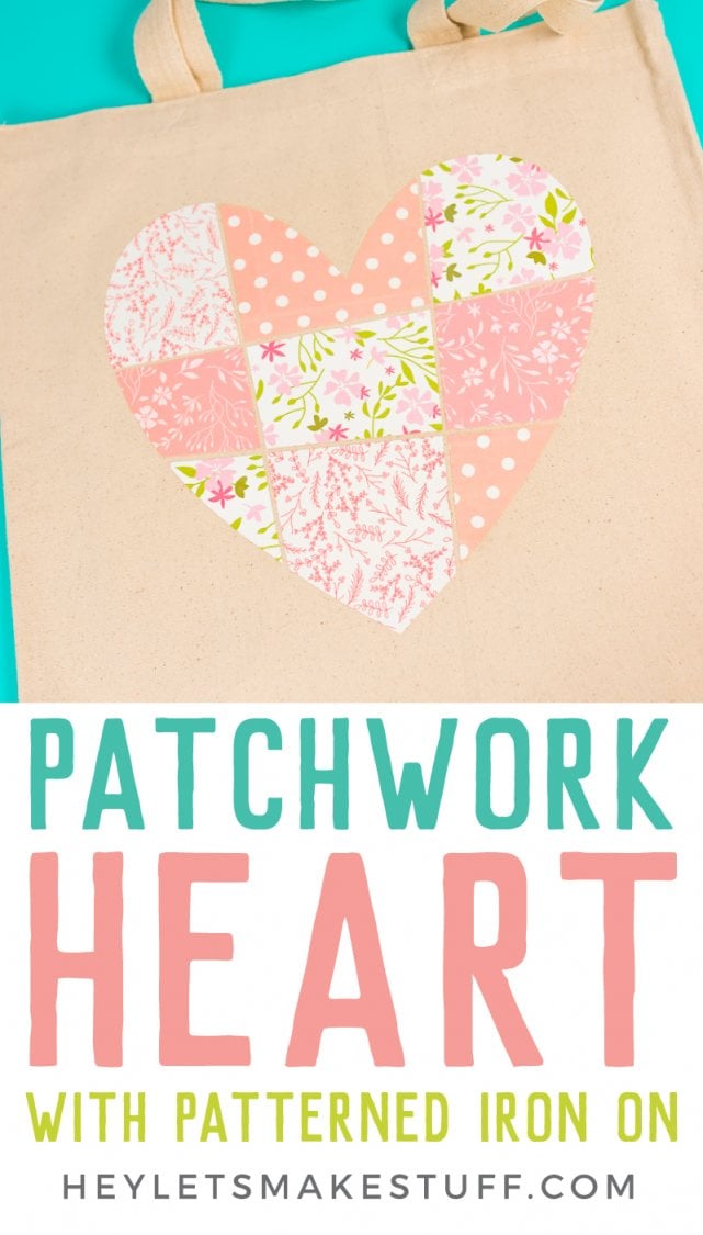 A tan colored canvas bag with an image of a patchwork heart on it with advertising for making a patchwork heart with patterned iron-on by HEYLETSMAKESTUFF.COM