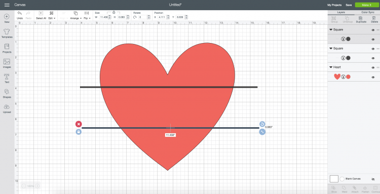 A screen in Design Space showing a red heart shaped design with two black horizontal lines going through it