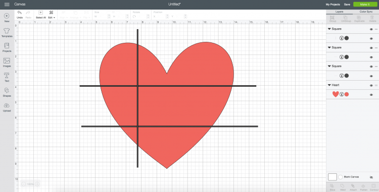 A screen in Design Space showing a red heart shaped design with two black horizontal lines and one black vertical line going through it
