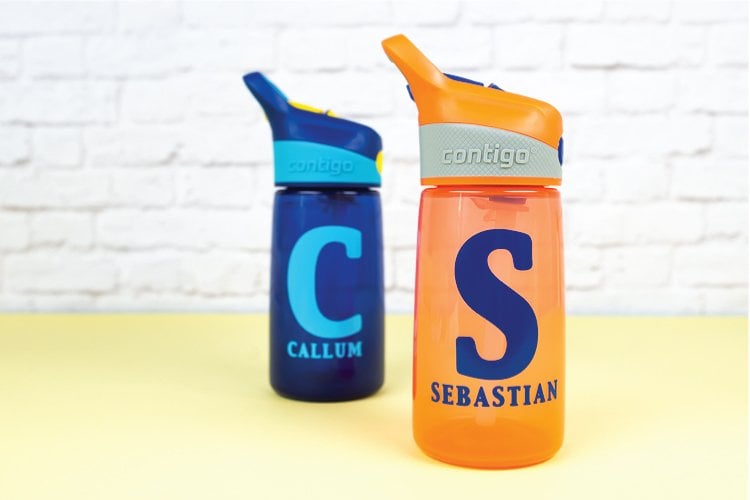 Blue and orange personalized water bottles