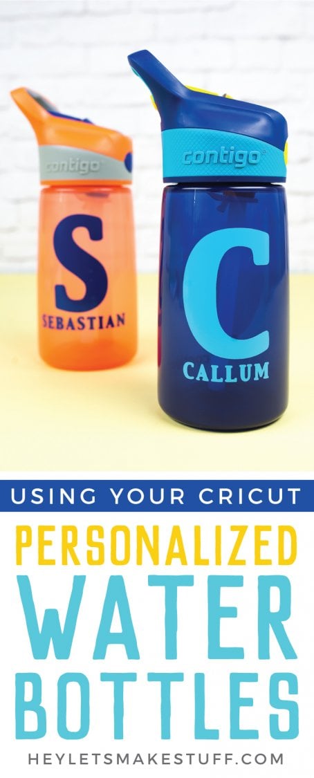 Blue and orange personalized water bottles with advertising for using your Cricut to make personalized water bottles from HEYLETSMAKESTUFF.COM