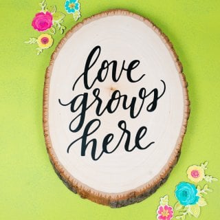 Paper flowers around an oval piece of with the saying, "Love Grows Here" on it
