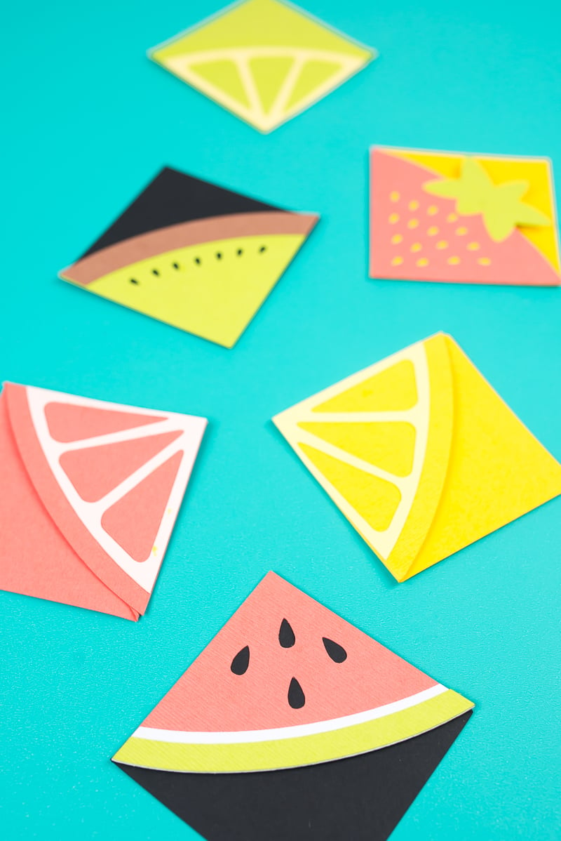 Paper bookmarks made out of fruit designs