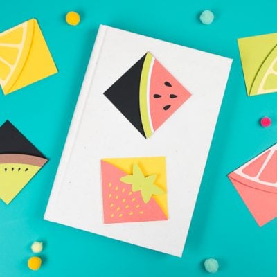 A book with paper bookmarks made out of fruit designs