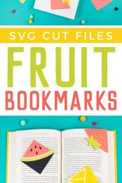Two books with paper bookmarks made out of fruit designs and advertising for SVG cut files for fruit bookmarks by HEYLETSMAKESTUFF.COM