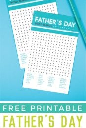 A pencil and two pieces of paper that have a Father's Day word search printed on them with advertising from HEYLETSMAKESTUFF.COM for free printable Father's Day word search
