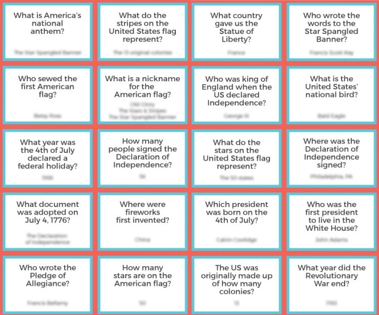 A sheet of up of printed 4th of July trivia questions