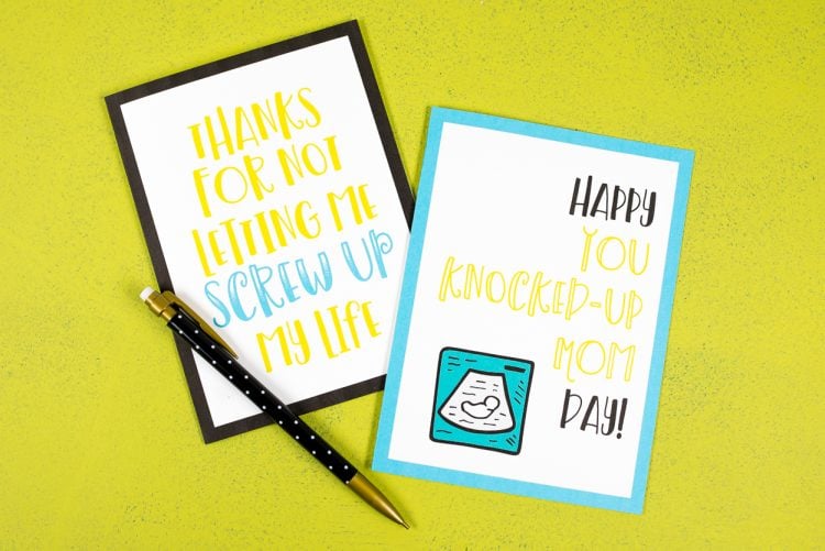 A pen and two Father\'s Day cards that say, \"Thanks for Not Letting Me Screw Up My Life\" and \"Happy You Knocked Up Mom Day!\"