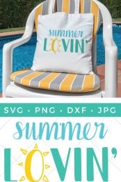 A chair by a pool holding a white canvas bag that says, "Summer Lovin"" and advertising for the cut file by HEYLETSMAKESTUFF.COM