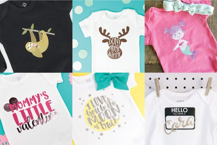 Six decorated baby onesies