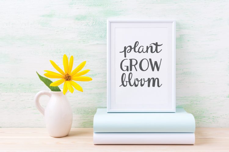A yellow flower in a white vase and two book lying horizontally on a table with a white framed sign on top of the books that says, \"Plant Grow Bloom\"