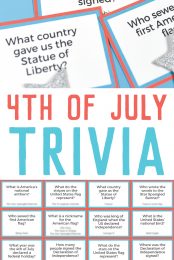 Close up of 4th of July trivia questions printed on individual cards and a printed sheet of 4th of July trivia questions with advertising for the 4th of July trivia by HEYLETSMAKESTUFF.COM