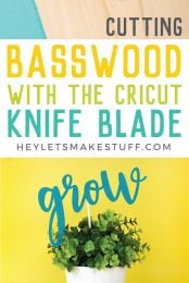 A sheet of Basswood and the Cricut knife blade and colorful pom poms around a white potted plant with a topper in it that says, "Grow" with advertising from HEYLETSMAKE STUFF.COM for Basswood with the Cricut knife blade