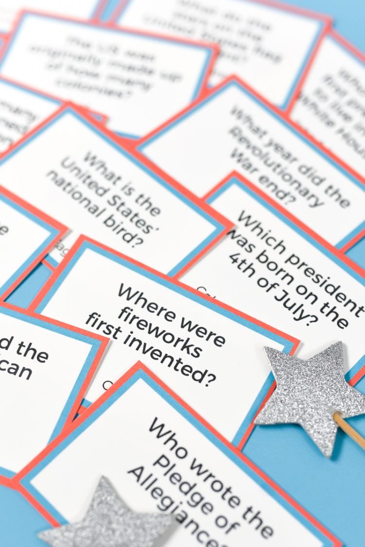 Close up of 4th of July trivia questions printed on individual cards
