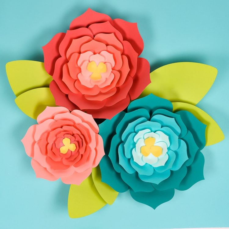 Three finished large paper flowers.