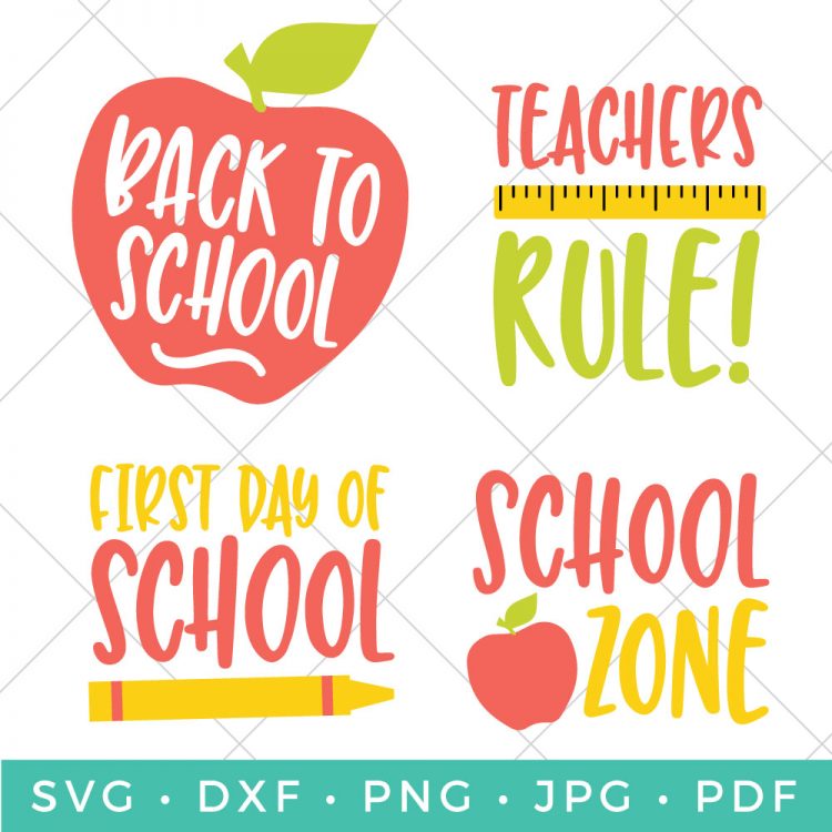 School themed cut files that say, \"Back to School\", \"Teacher\'s Rule\", \"First Day of School\" and \"School Zone\"