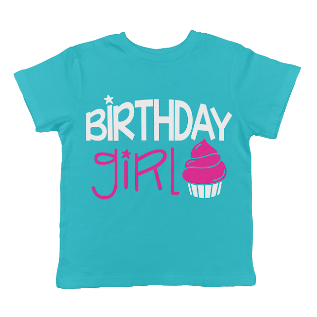 An aqua colored t-shirt decorated with a cupcake image and the text, \"Birthday Girl\"
