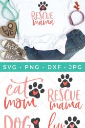 Tennis shoes, blue jeans, a dog leash and a white t-shirt decorated with a dog's paw print and the text "Rescue Mama" and four cut files with the text "Rescue Mama", "Cat Mom", "Dog Mom" and "Fur Mama" with advertising from HEYLETMAKESTUFF.COM