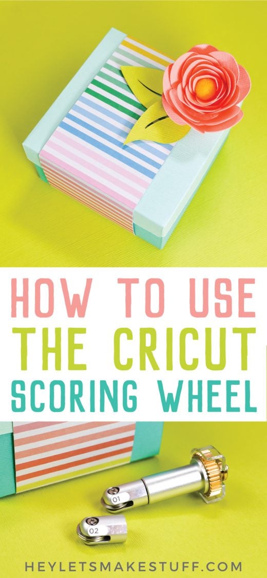 An image of a box wrapped in multicolored striped paper and a paper rose on top of it and the Cricut scoring wheels with advertising on how to use the Cricut scoring wheel by HEYLETSMAKESTUFF.COM