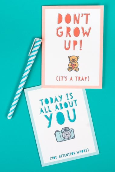A pen and two birthday cards that say, "Today is all About You," and "Don't Grow Up! It's a Trap"