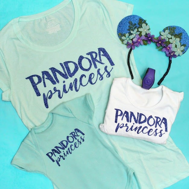 Minnie Mouse decorated headband next to two t-shirts and a onesie that all say, \"Pandora Princess\"