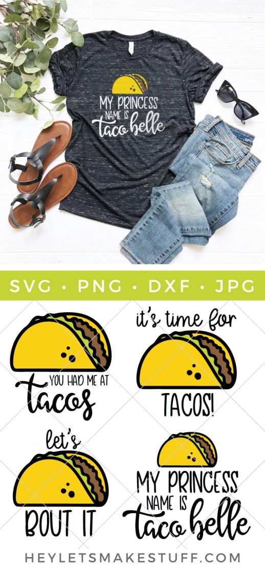 It's taco time! Download this delicious taco SVG bundle to make all sorts of projects: t-shirts, tote bags, Cinco de Mayo party decor, and more!