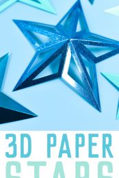 Close up of images of blue 3D paper stars with advertising from HEYLETSMAKESTUFF.COM for making 3D paper stars with the Cricut