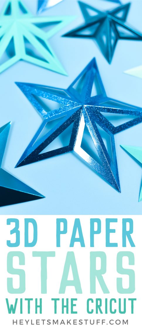 Close up of images of blue 3D paper stars with advertising from HEYLETSMAKESTUFF.COM for making 3D paper stars with the Cricut