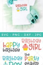 Little aqua colored moccasins, an aqua colored hair bow, and a white t-shirt decorated with an image of a cupcake and the text, "Birthday Girl" and four cut files with a birthday theme, that say, "Happy Birthday", "Birthday Girl", "Birthday Boy" and "The Party Starts Here" with advertising from HEYLETSMAKESTUFF.COM