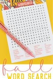 A pencil on top of a fall wordsearch puzzle with advertising from HEYLETSMAKESTUFF.COM for a free printable fall wordsearch