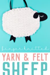 A yarn and felt sheep along with advertising by HEYLETSMAKESTUFF.COM on finger knitted yarn and felt sheep with loop yarn