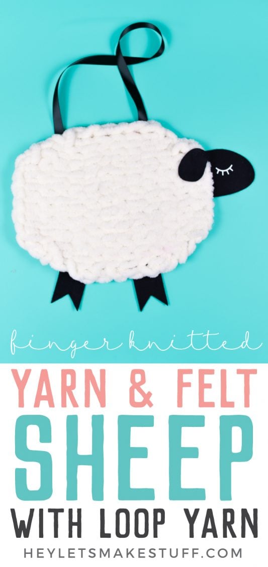 A yarn and felt sheep along with advertising by HEYLETSMAKESTUFF.COM on finger knitted yarn and felt sheep with loop yarn