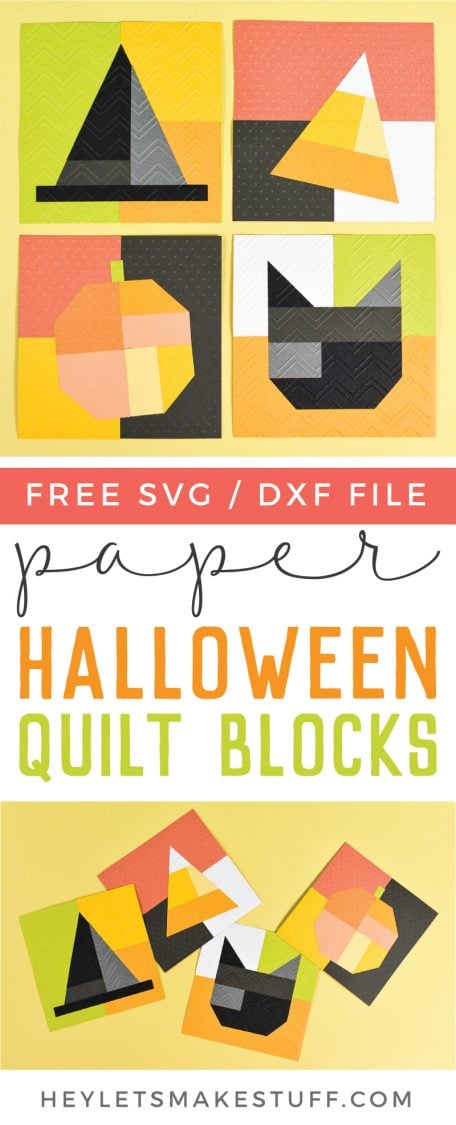 Craft paper cut into different shapes such as a witch\'s hat, a piece of candy corn candy, a pumpkin and a black cat with advertising from HEYLETSMAKESTUFF.COM for Paper Halloween Quilt Blocks