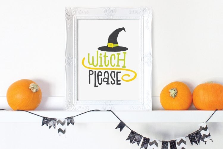 On a mantel, three small pumpkins, a white framed picture and a black and white banner hanging from the mantel.  The picture has a witch\'s hat on it and text that says, \"Witch Please\"