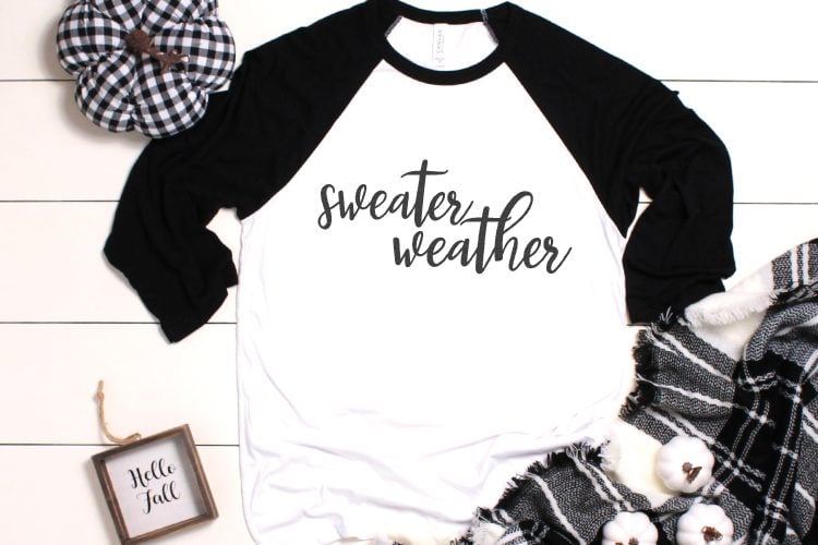 Fall decor next to a baseball style black and white shirt that says, \"Sweater Weather\"
