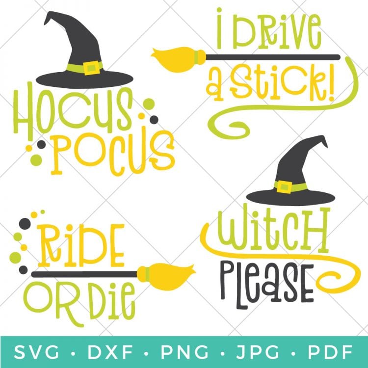 Four Halloween cut files that say, \"Hocus Pocus\", \"I Drive a Stick\", \"Ride or Die\" and \"Witch Please\"