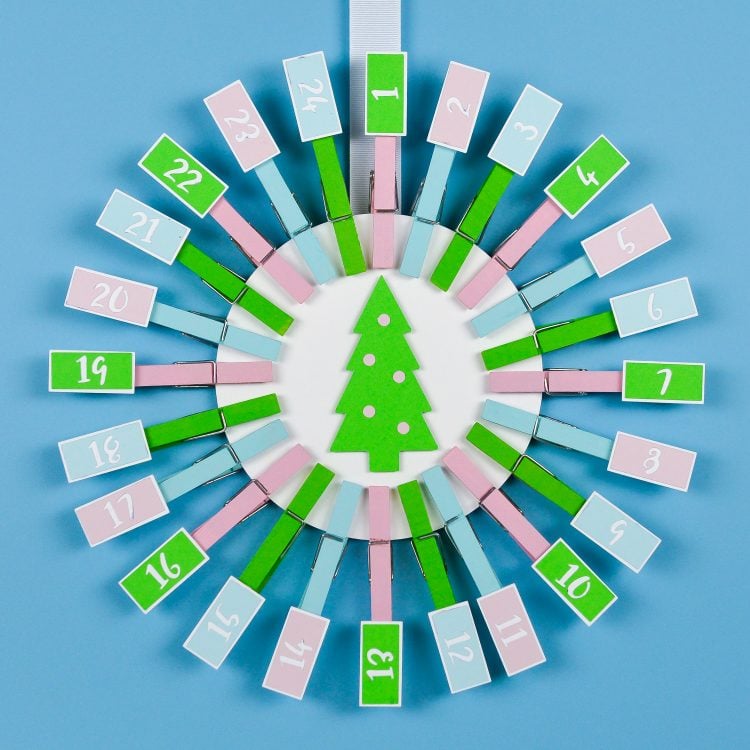 Close up of an Advent Calendar made from clothespins and cardstock