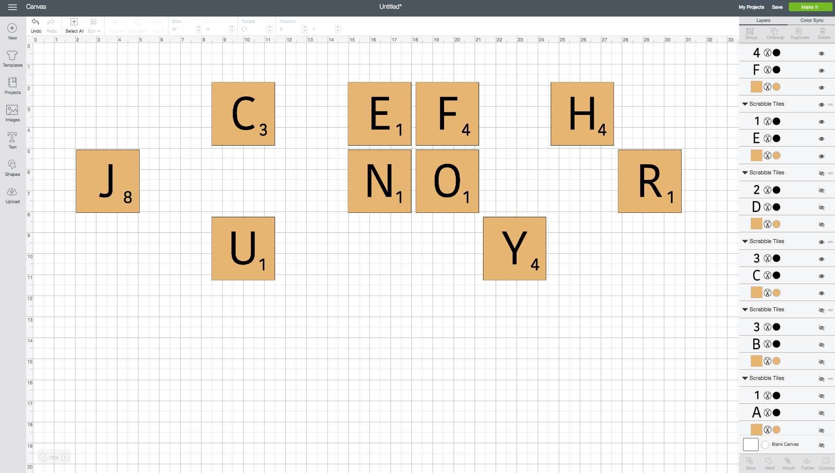 In Cricut Design Space, images of letters just like those used in the game of Scrabble 