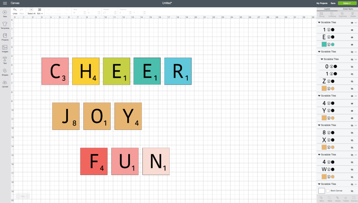 Changing colors on Scrabble Words in Cricut Design Space