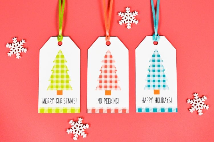A close up of paper cut snowflakes and three Christmas gift tags decorated with sayings and buffalo plaid Christmas trees