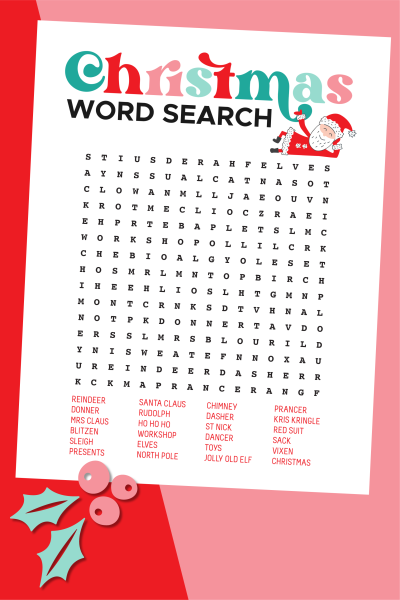 Christmas Word Search on pink and red background with holly.