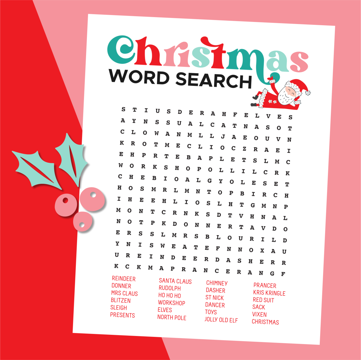 Christmas Word Search on pink and red background with holly.