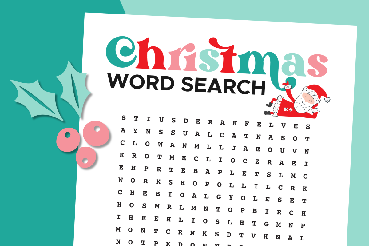 Christmas Word Search on teal background with holly.